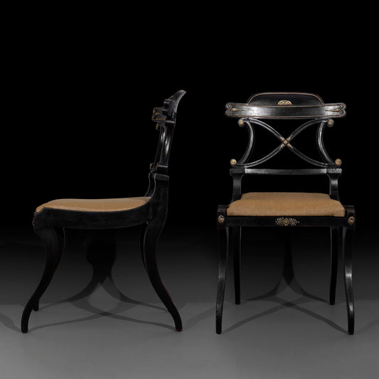 Early 19th Century Pair of Regency Black Painted Klismos Chairs