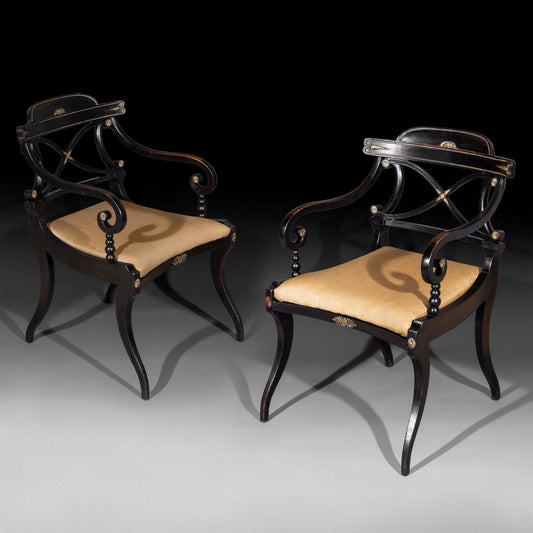 Early 19th Century Pair of Black Painted Klismos Armchairs