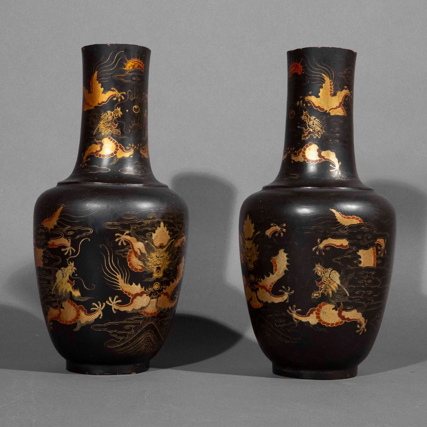 pair 19th century Chinese export black lacquer vases