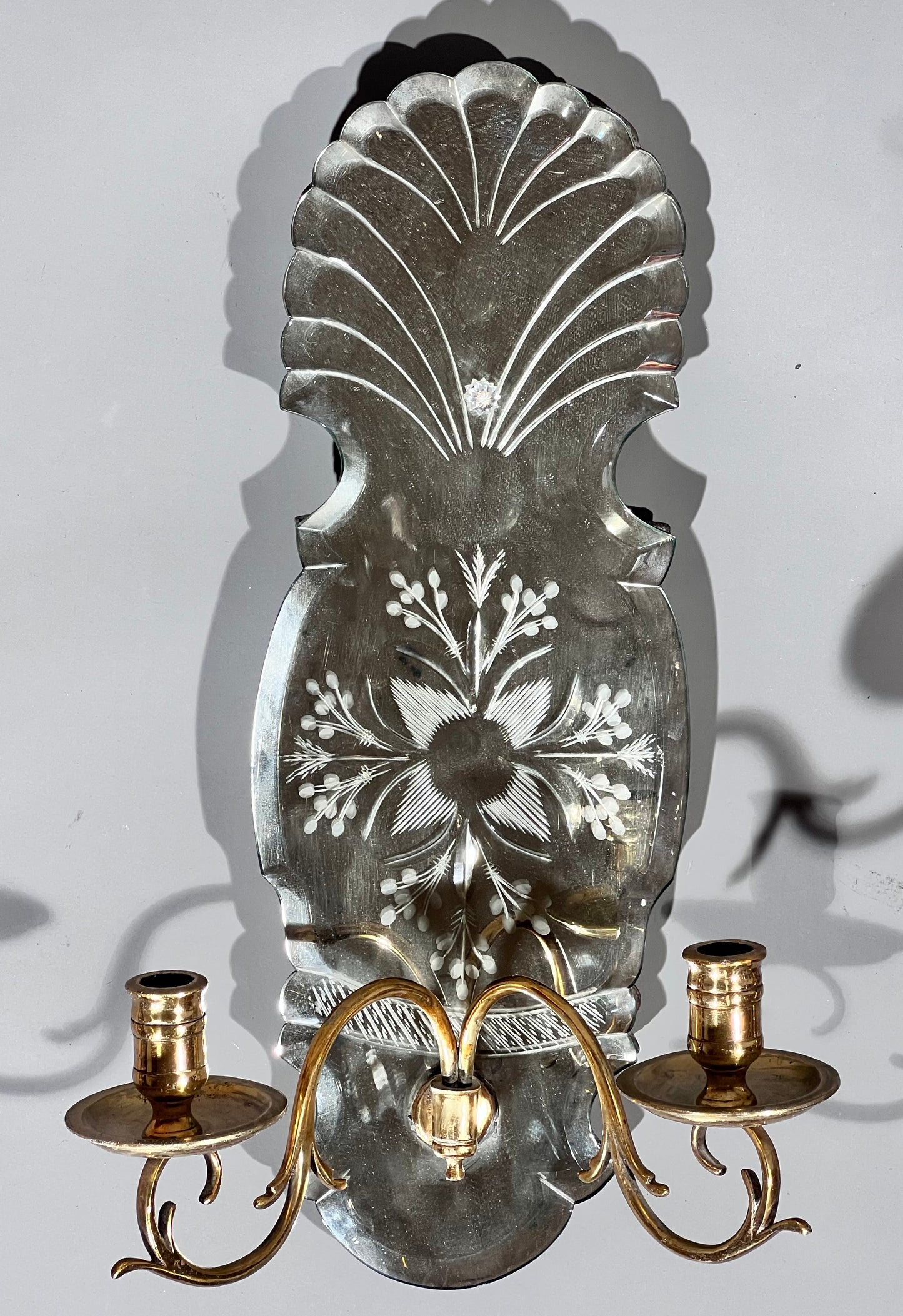 Pair of Queen Anne Style Etched Mirror Wall Lights