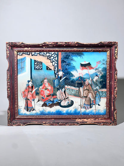 Large 19th Century Reverse Glass Painting in Its Original Frame