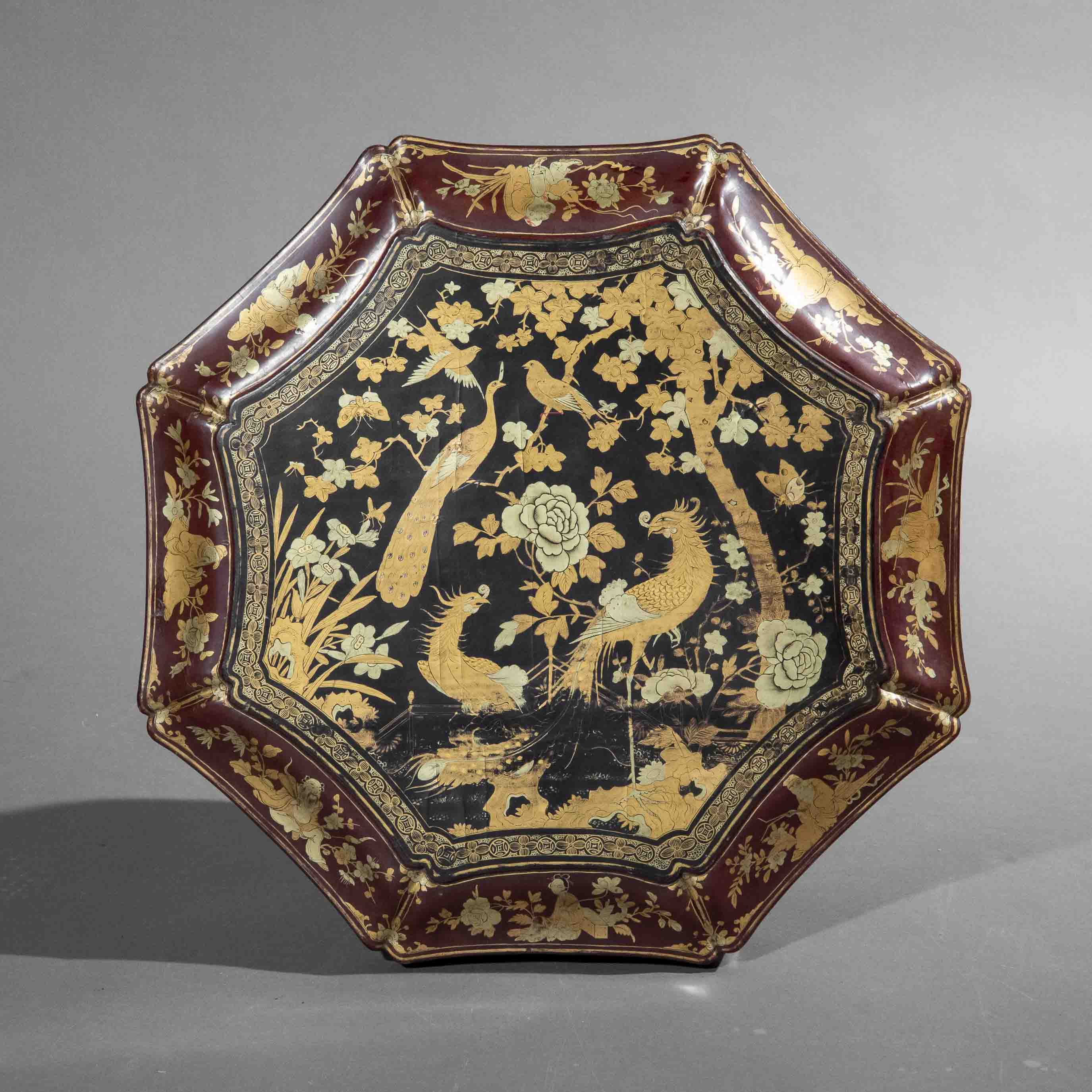 Large Early 19th Century Black and Red Lacquer Octagonal