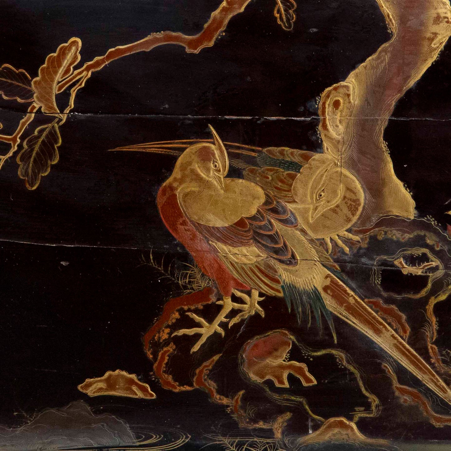 Pair of 19th Century Chinoiserie Lacquer and Gilt Pictures of Exotic Birds