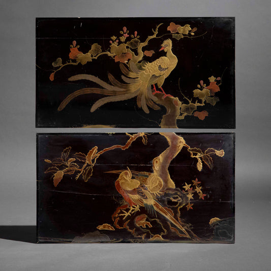 Pair of 19th Century Chinoiserie Lacquer and Gilt Pictures of Exotic Birds