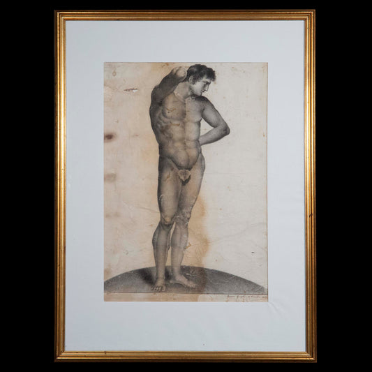 19th Century Grand Tour Male Nude Drawing of an Athletic Youth