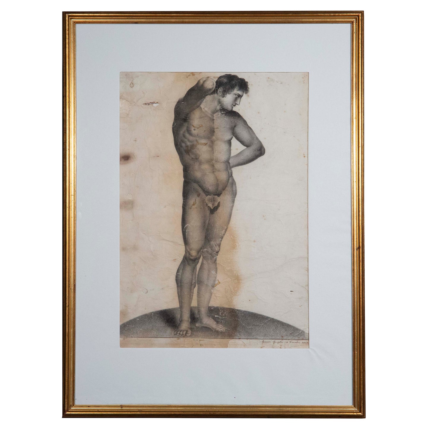 19th Century Grand Tour Male Nude Drawing of an Athletic Youth