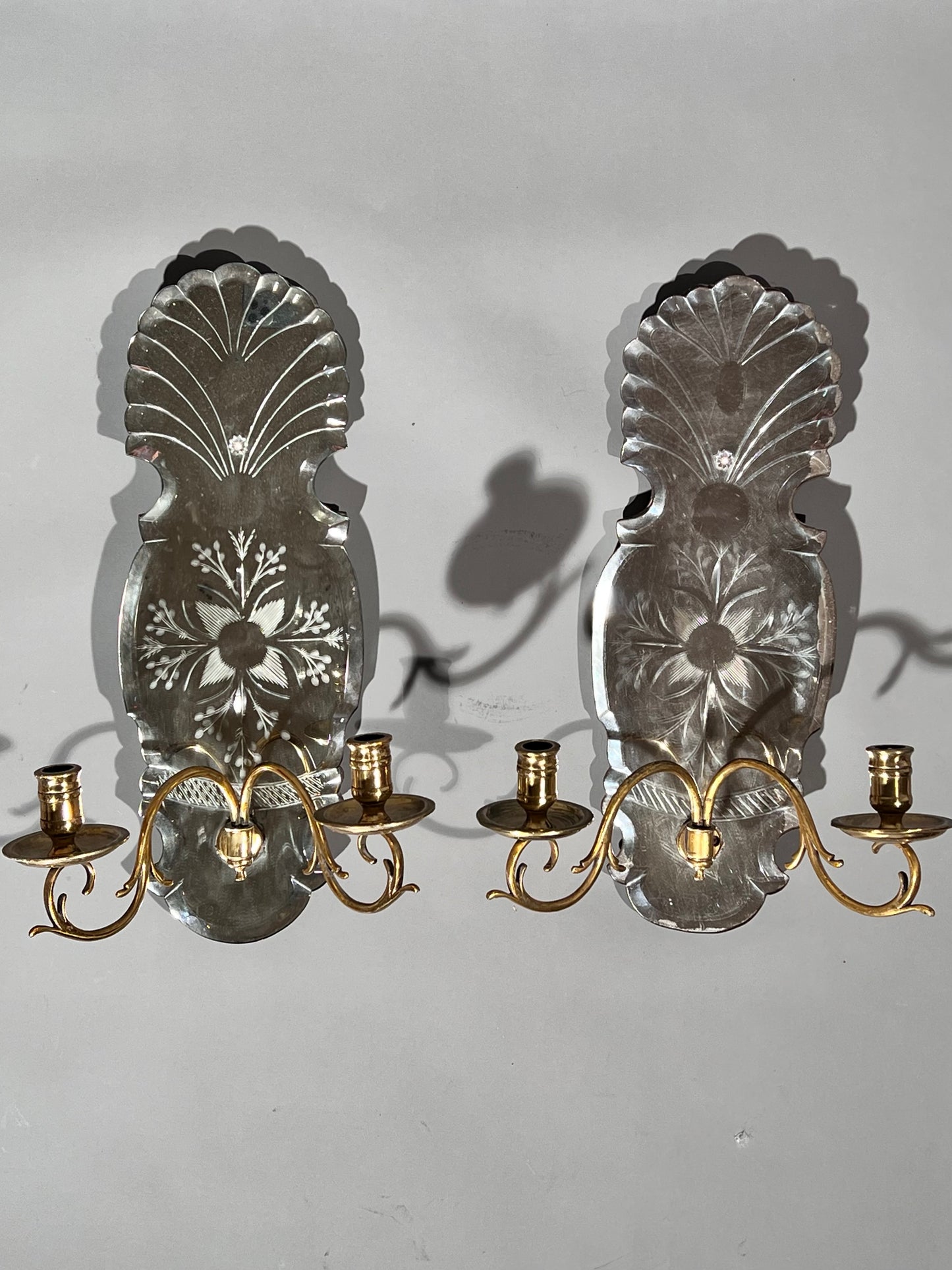 Pair of Queen Anne Style Etched Mirror Wall Lights