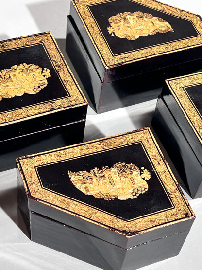 Set of Four Early 19th Century Chinoiserie Black Lacquer Boxes