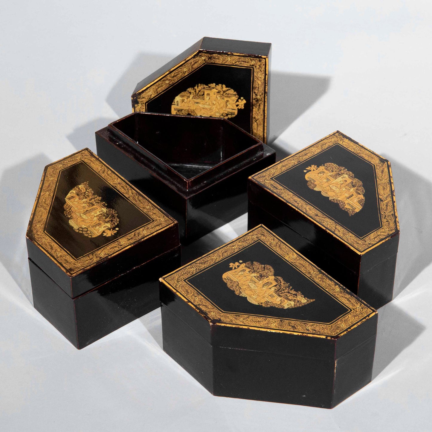 Set of Four Early 19th Century Chinoiserie Black Lacquer Boxes