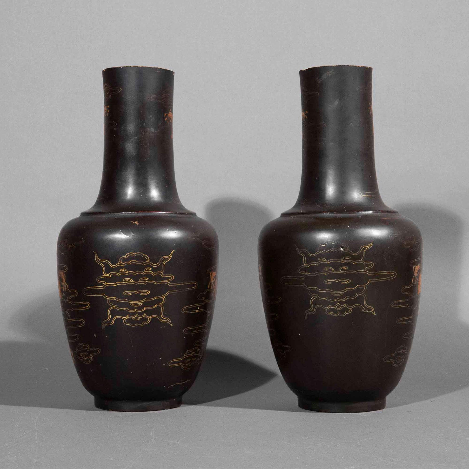 pair 19th century Chinese export black lacquer vases