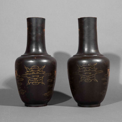 pair 19th century Chinese export black lacquer vases