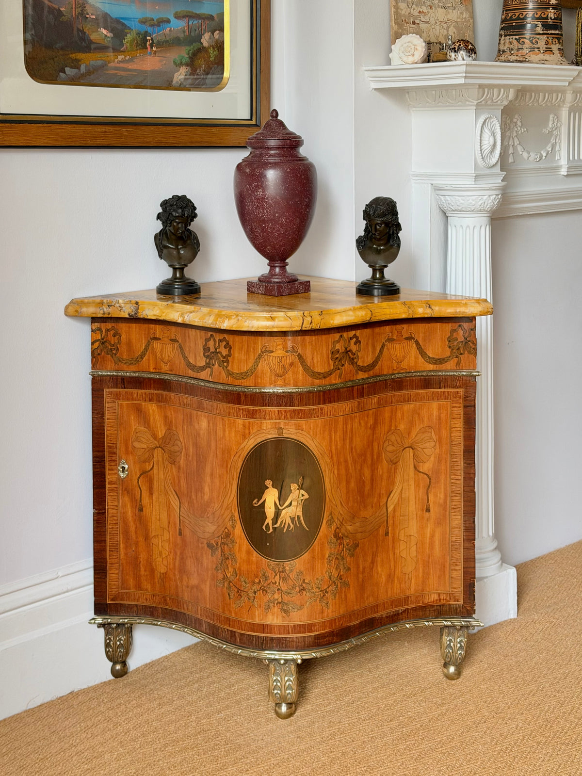 Neoclassical Satinwood Corner Cabinet with Siena Marble Top