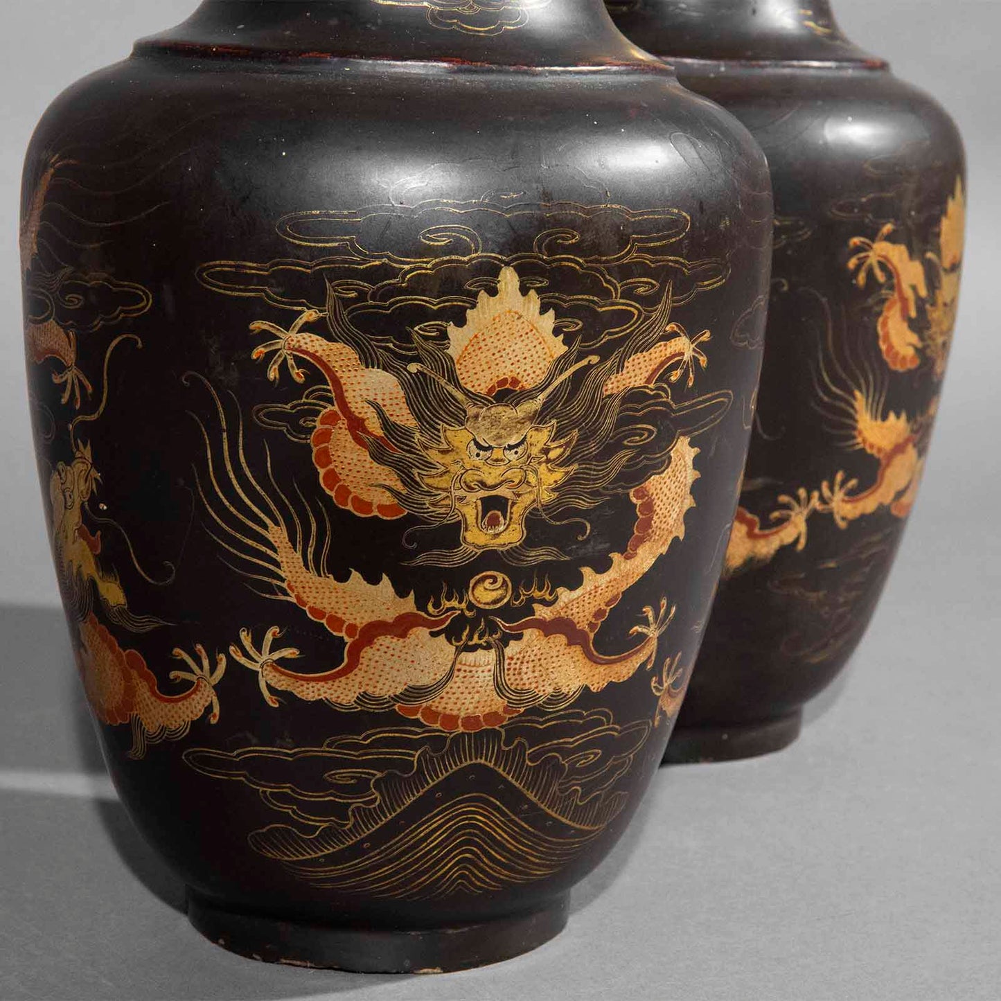 pair 19th century Chinese export black lacquer vases