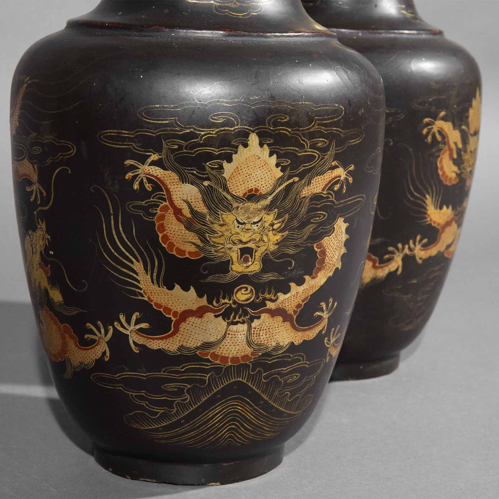 pair 19th century Chinese export black lacquer vases