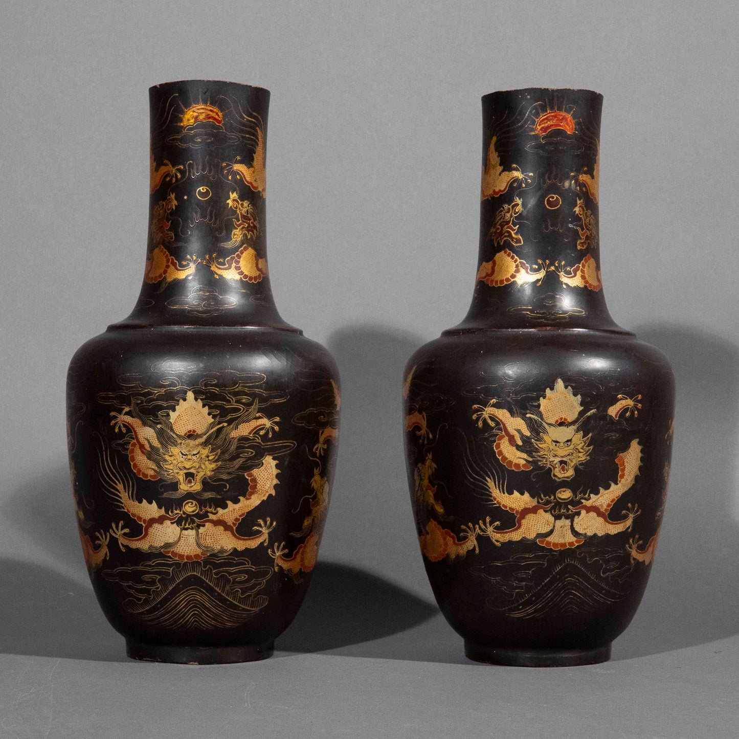 pair 19th century Chinese export black lacquer vases