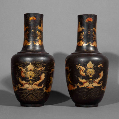 pair 19th century Chinese export black lacquer vases