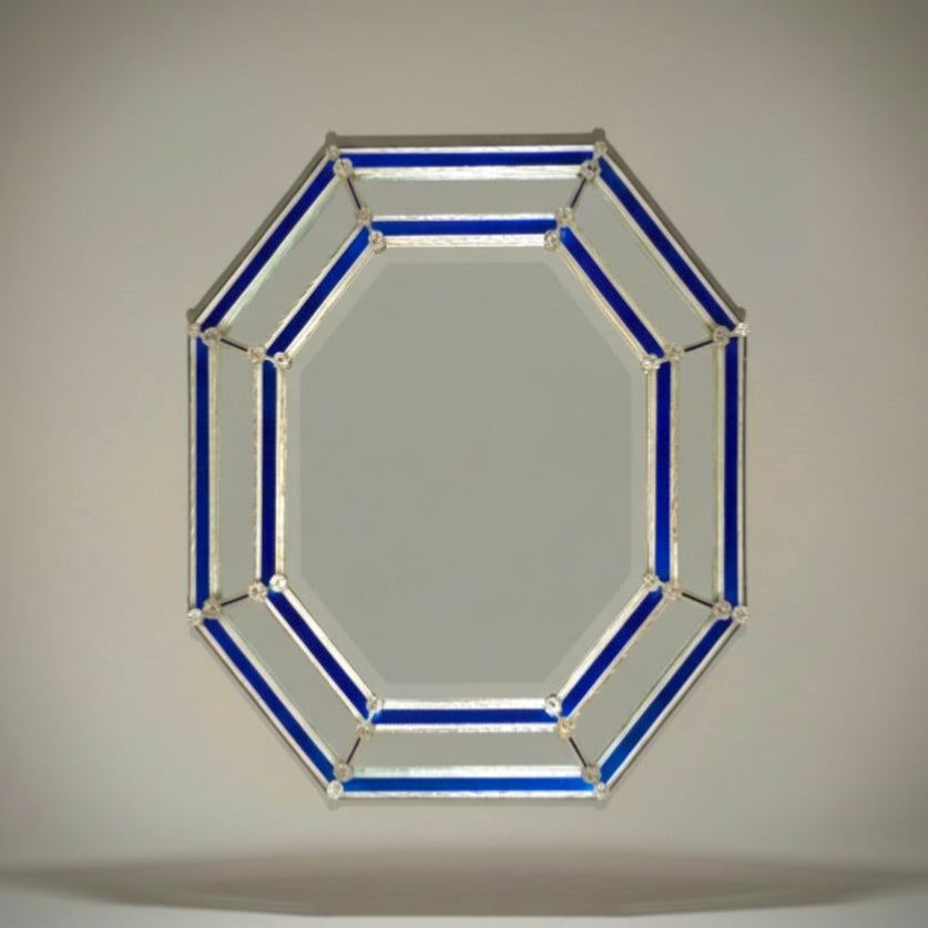 Early 20th Venetian Cobalt Blue Glass Border Octagonal Wall Mirror