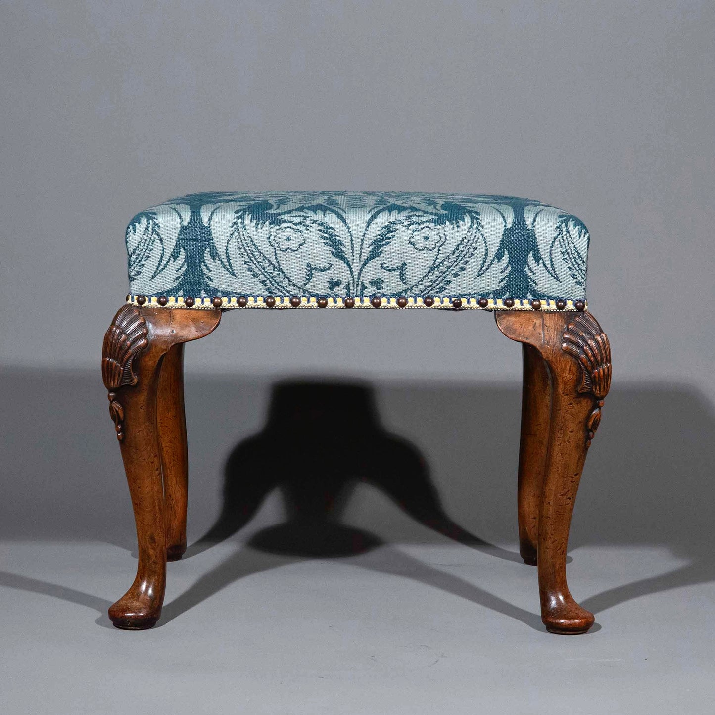 Early 20th Century Queen Anne Style Walnut Stool in Blue Damask