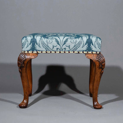 Early 20th Century Queen Anne Style Walnut Stool in Blue Damask