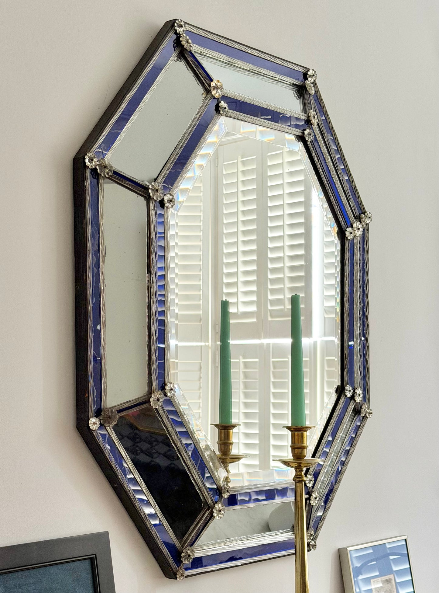 Early 20th Venetian Cobalt Blue Glass Border Octagonal Wall Mirror
