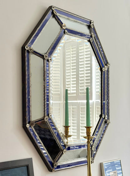 Early 20th Venetian Cobalt Blue Glass Border Octagonal Wall Mirror