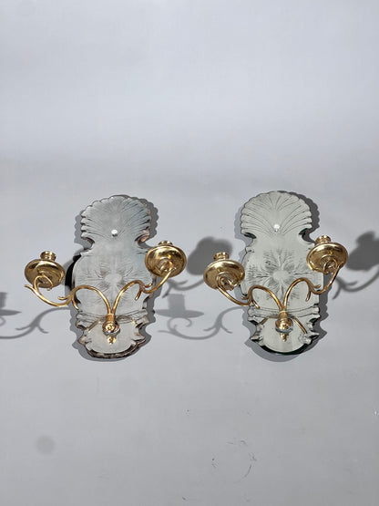 Pair of Queen Anne Style Etched Mirror Wall Lights