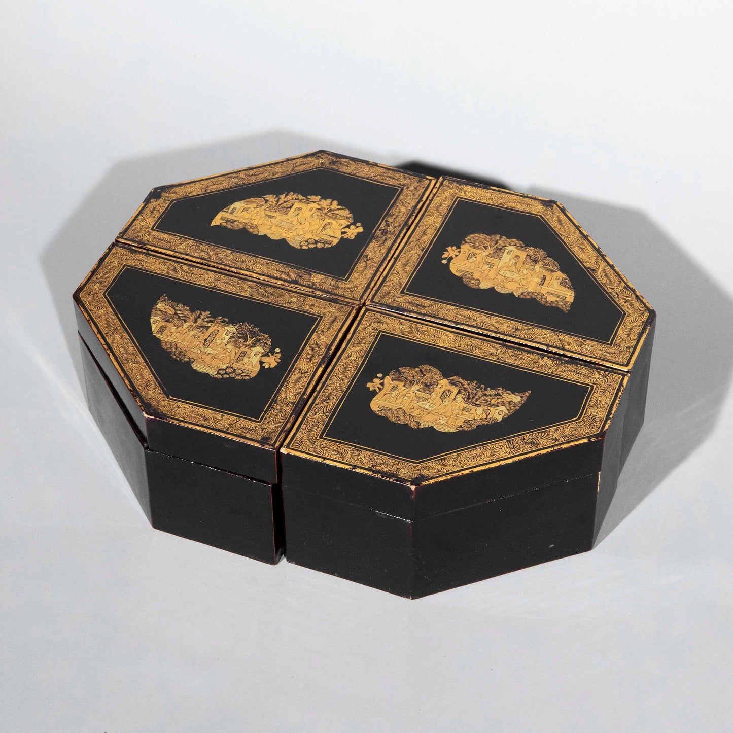 Set of Four Early 19th Century Chinoiserie Black Lacquer Boxes