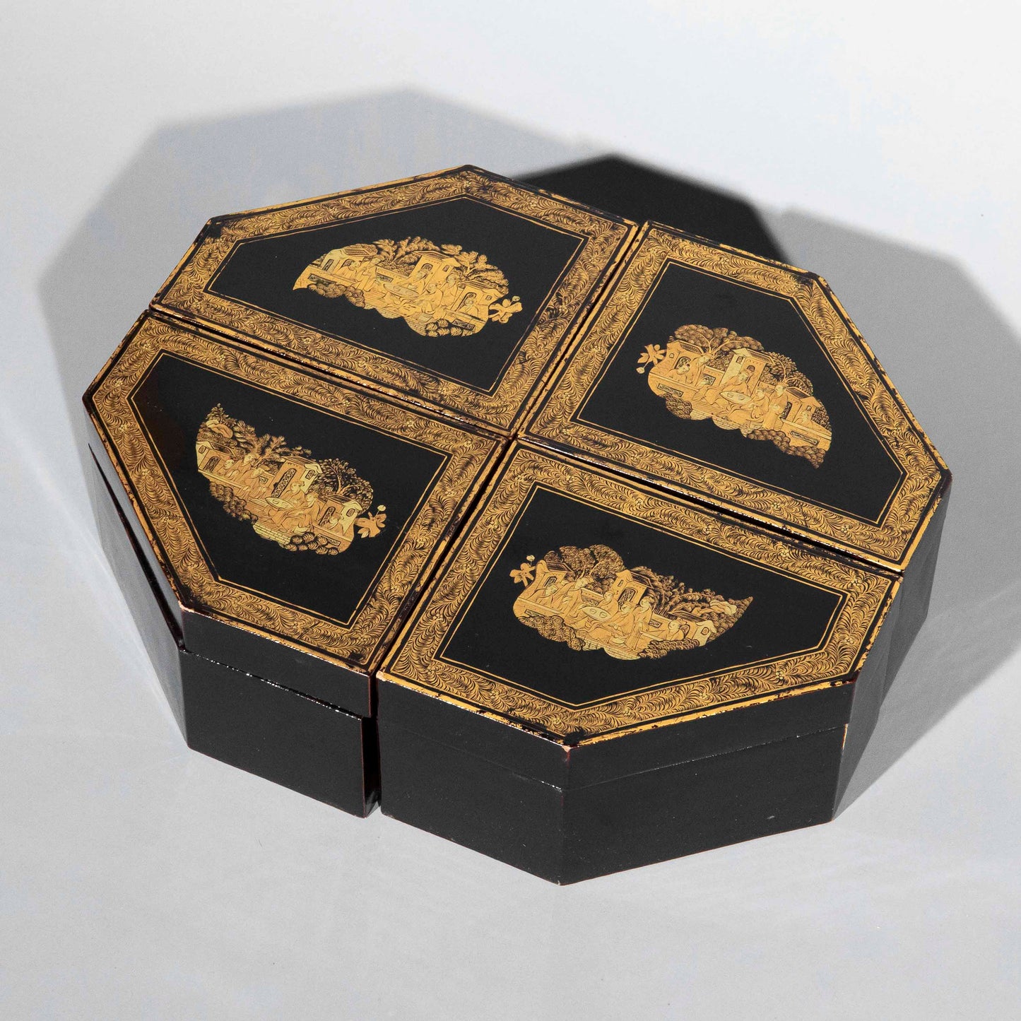 Set of Four Early 19th Century Chinoiserie Black Lacquer Boxes