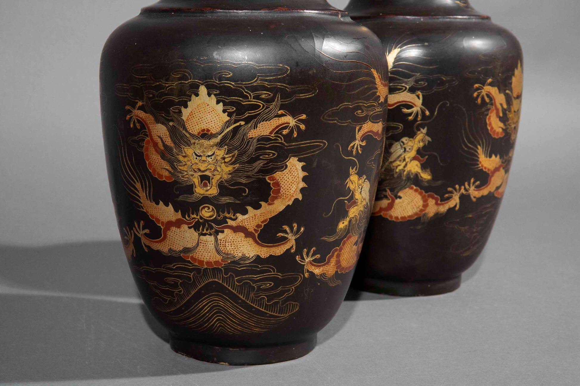 pair 19th century Chinese export black lacquer vases