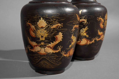 pair 19th century Chinese export black lacquer vases