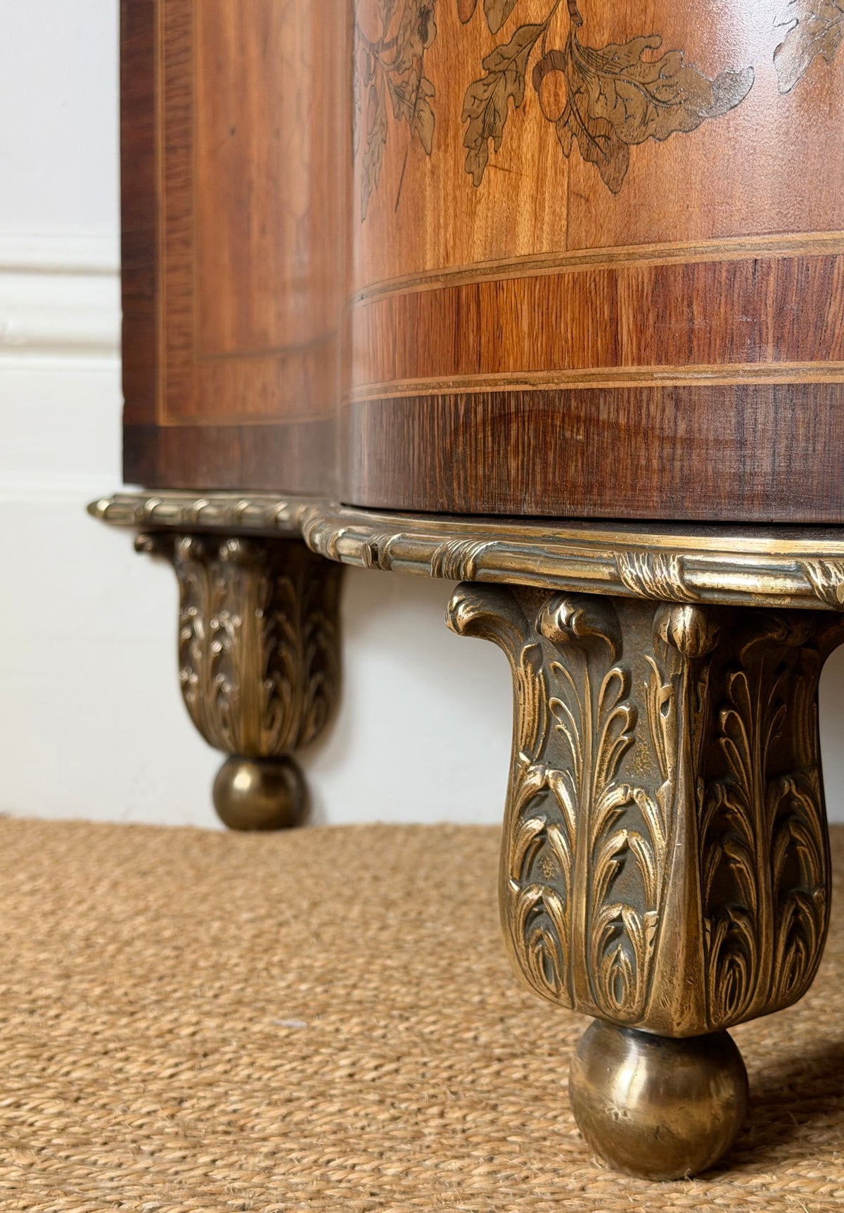 Neoclassical Satinwood Corner Cabinet with Siena Marble Top