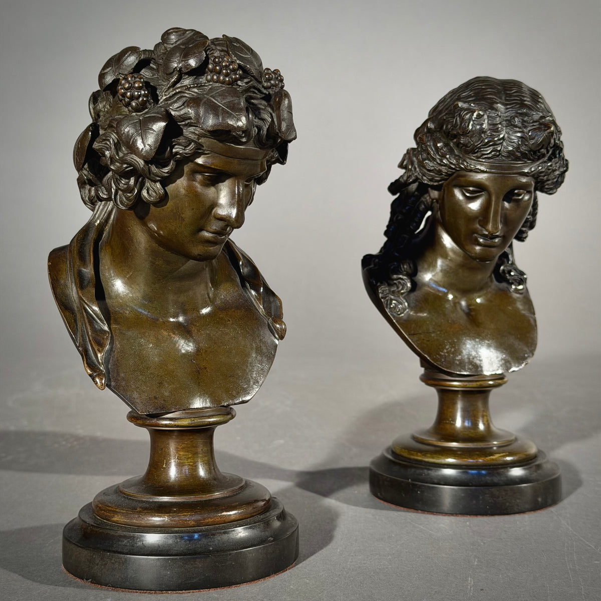 Antinous and Dionysus, a Pair of Bronze Busts