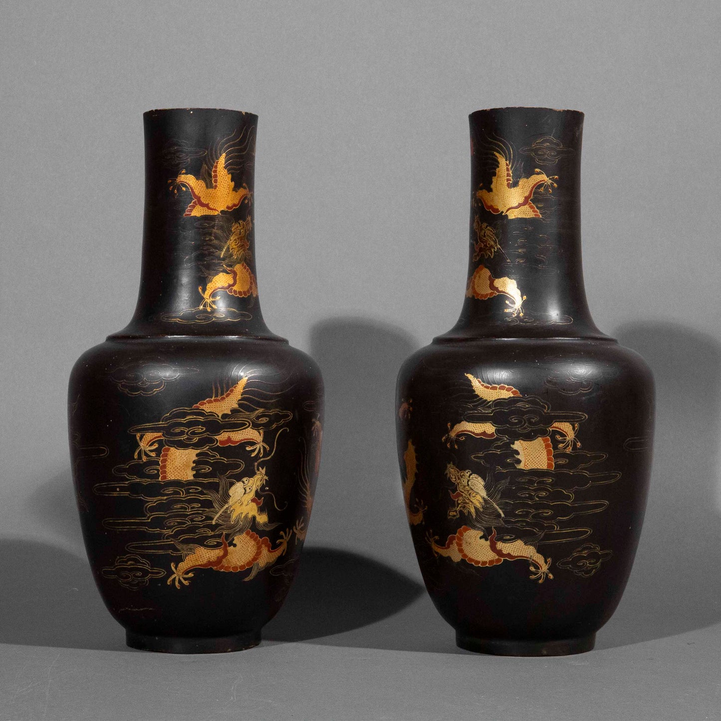 pair 19th century Chinese export black lacquer vases