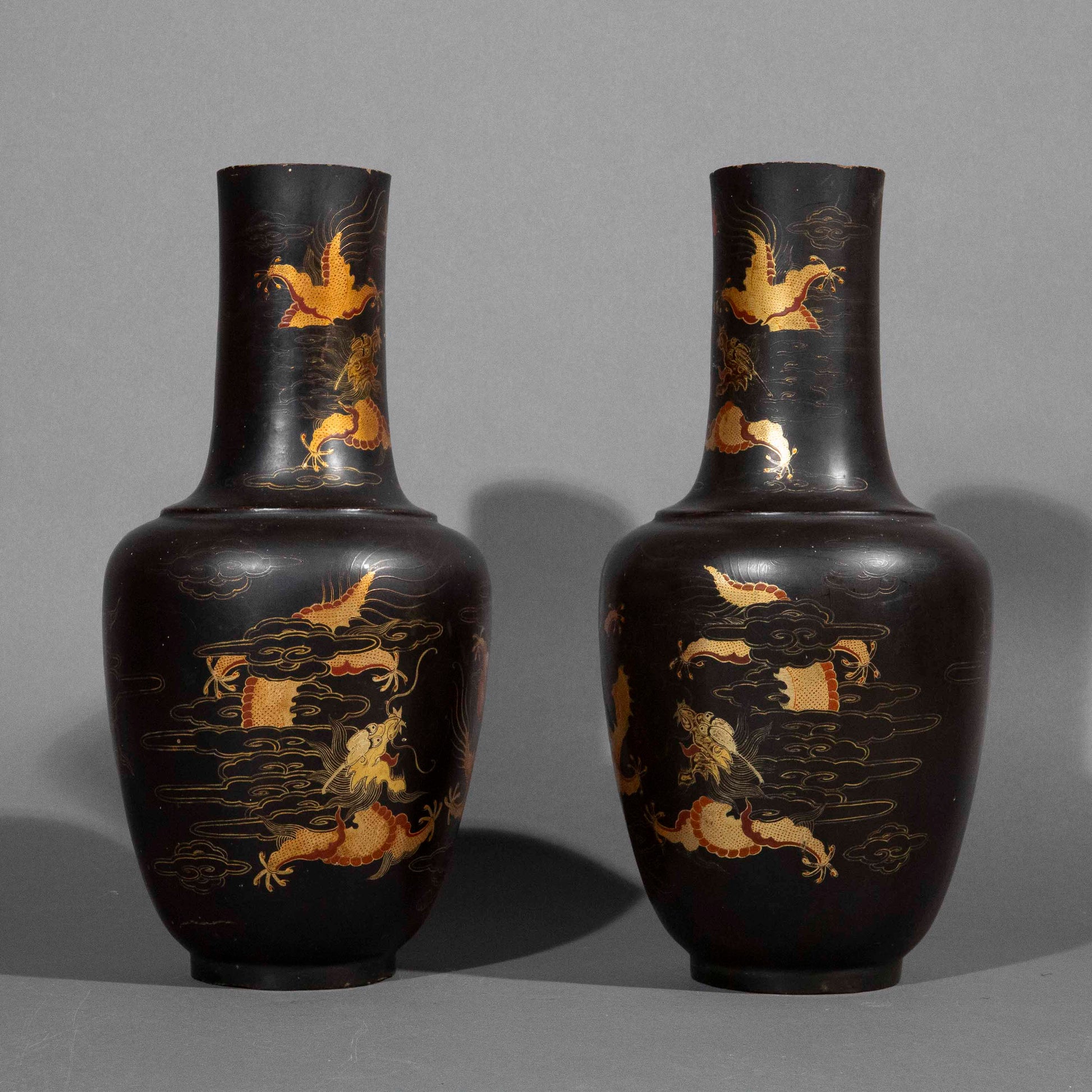 pair 19th century Chinese export black lacquer vases