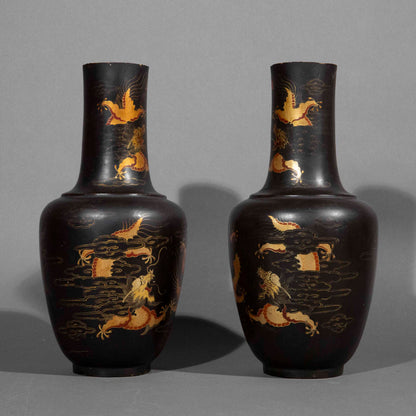 pair 19th century Chinese export black lacquer vases