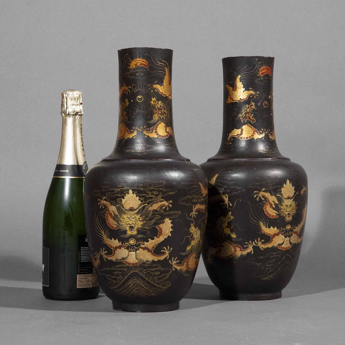 pair 19th century Chinese export black lacquer vases