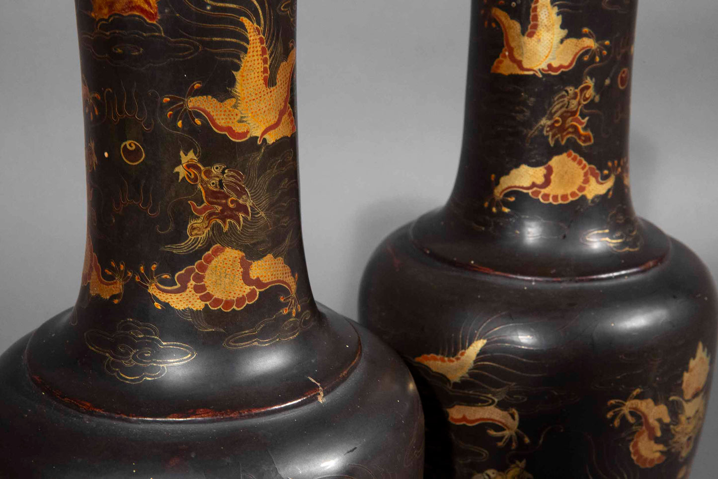 pair 19th century Chinese export black lacquer vases