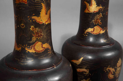 pair 19th century Chinese export black lacquer vases