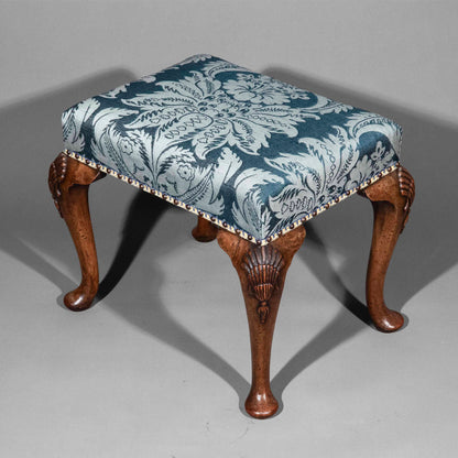 Early 20th Century Queen Anne Style Walnut Stool in Blue Damask