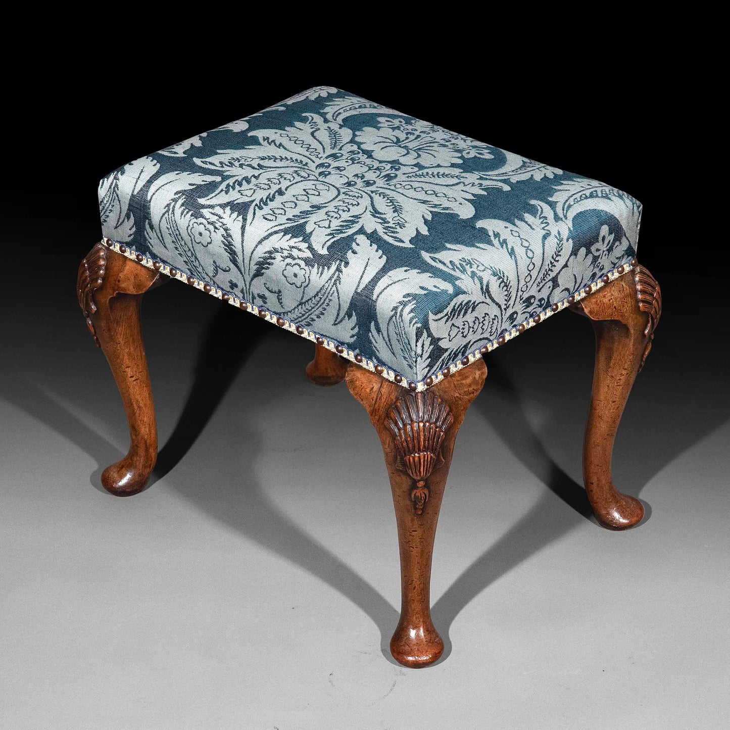 Early 20th Century Queen Anne Style Walnut Stool in Blue Damask