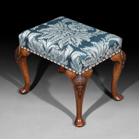 Early 20th Century Queen Anne Style Walnut Stool in Blue Damask