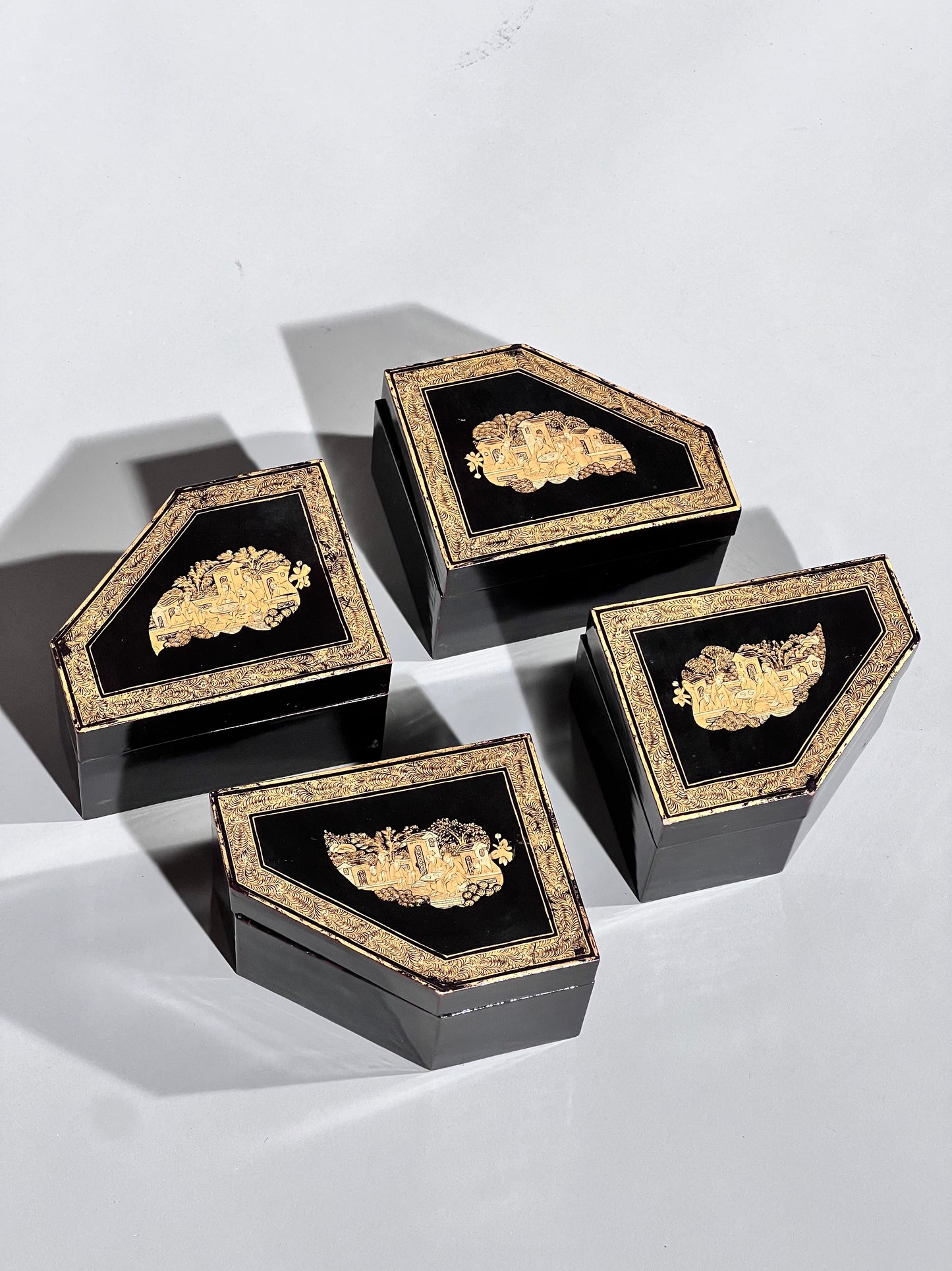 Set of Four Early 19th Century Chinoiserie Black Lacquer Boxes