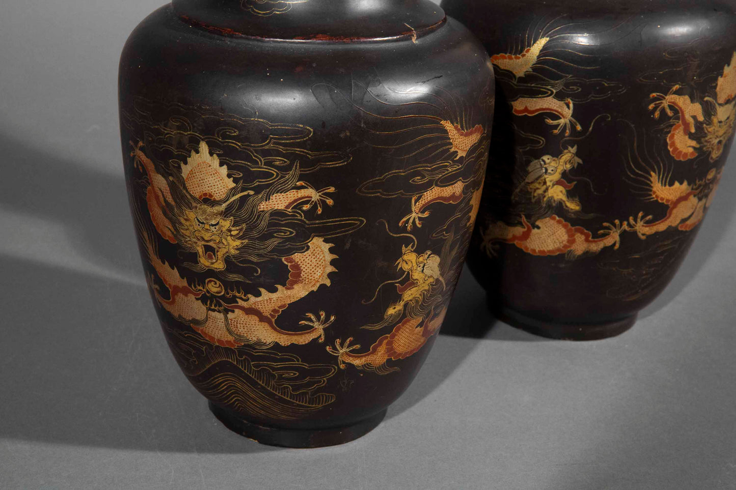 pair 19th century Chinese export black lacquer vases