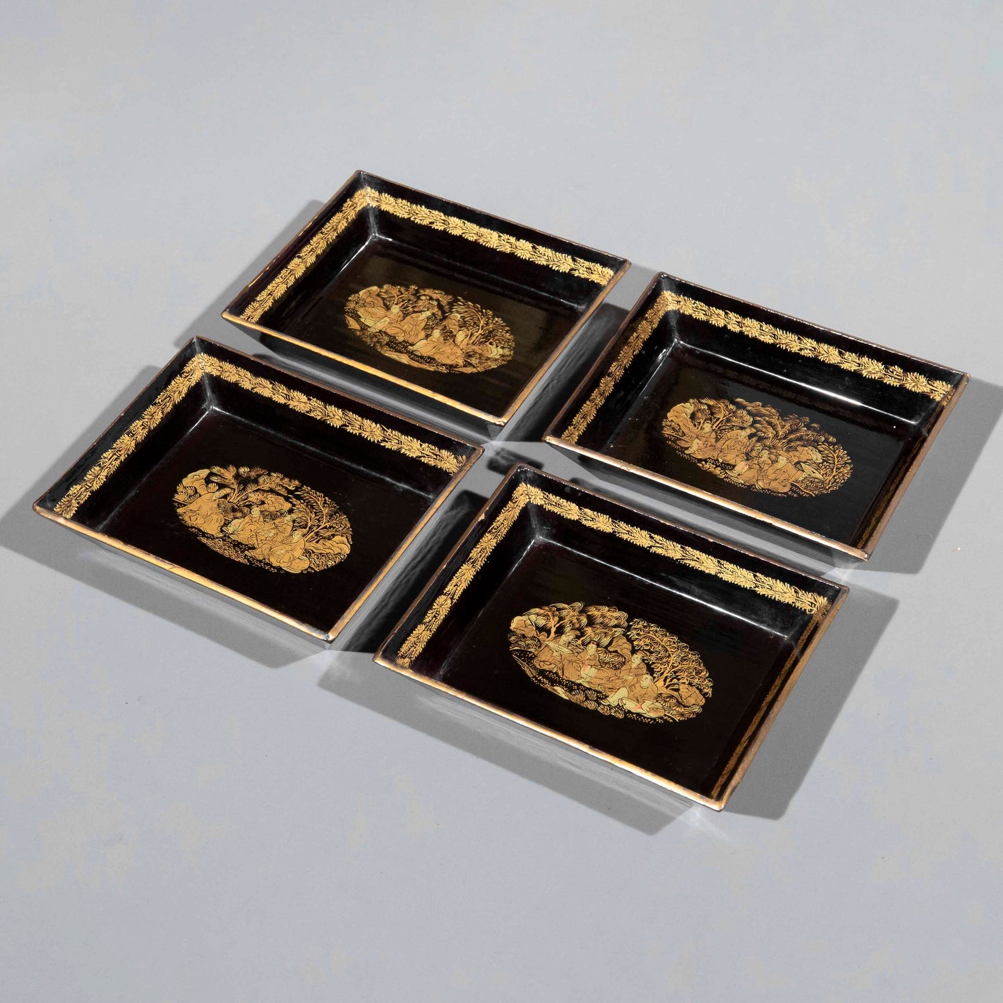 Set of Four Early 19th Century Chinoiserie Black Lacquer Trays