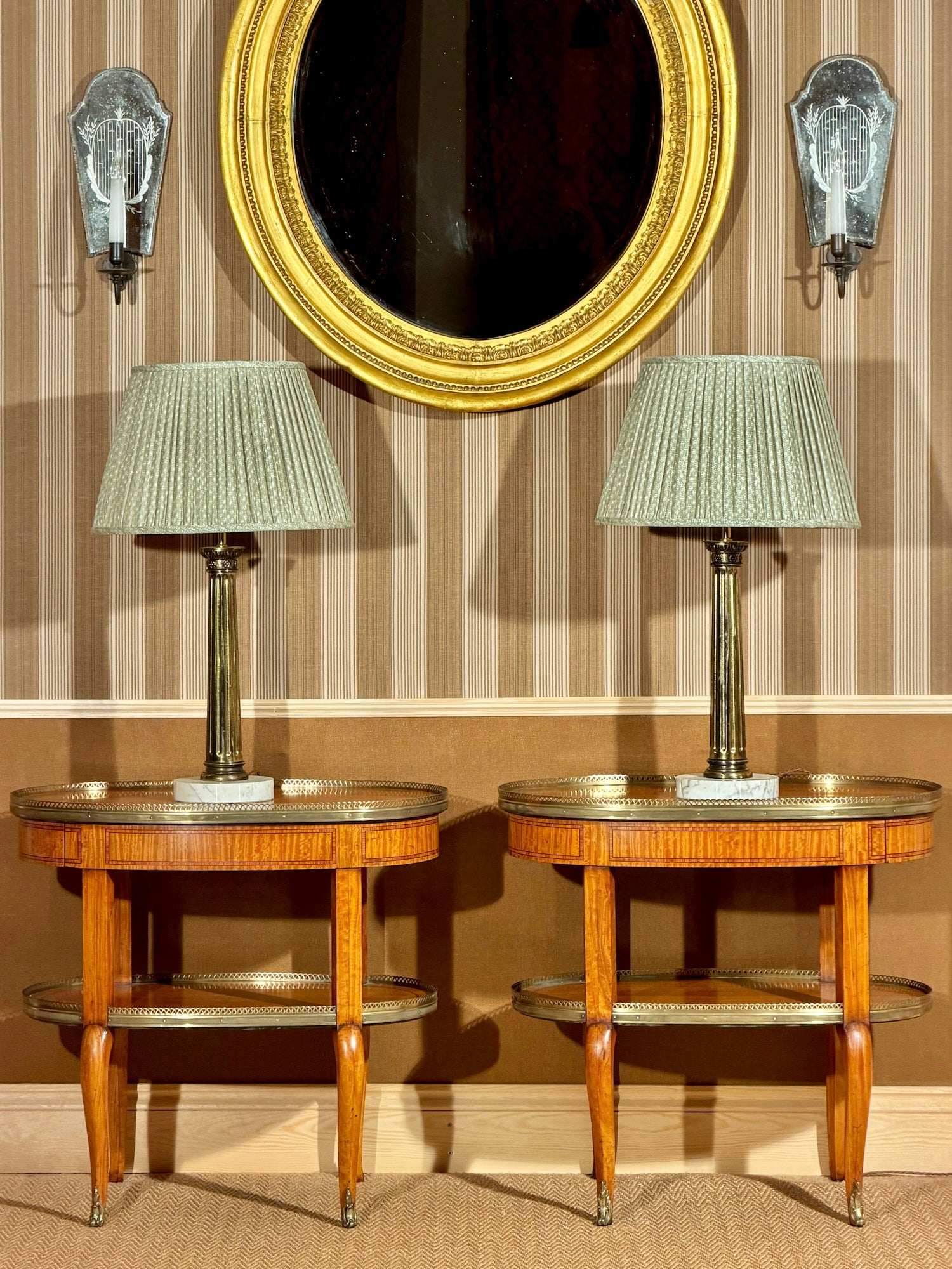 pair of antique gilt brass column lamps, pair 19th century french satinwood oval lamp tables etageres 