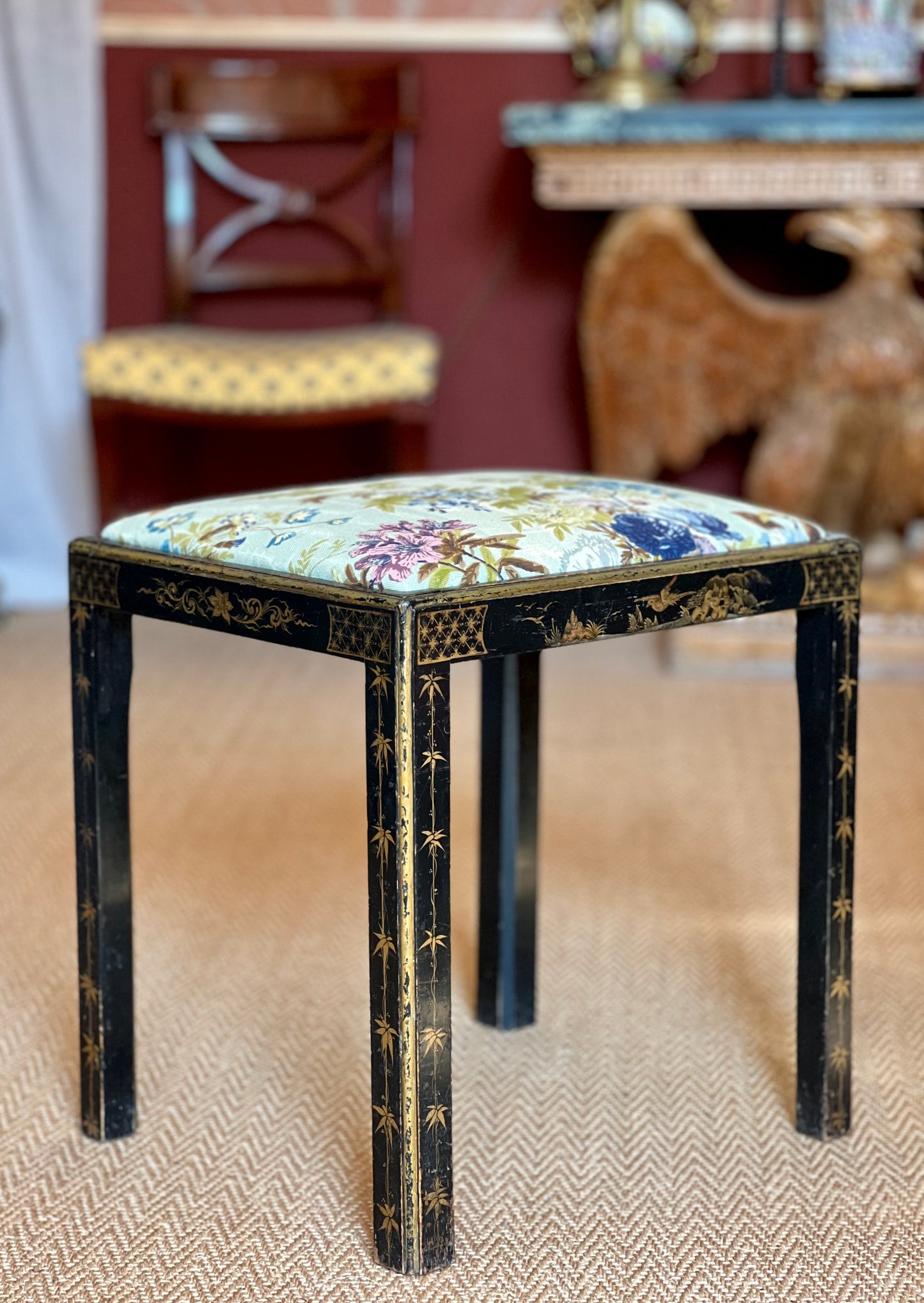 Early 20th Century Black Lacquer Chinoiserie Stool