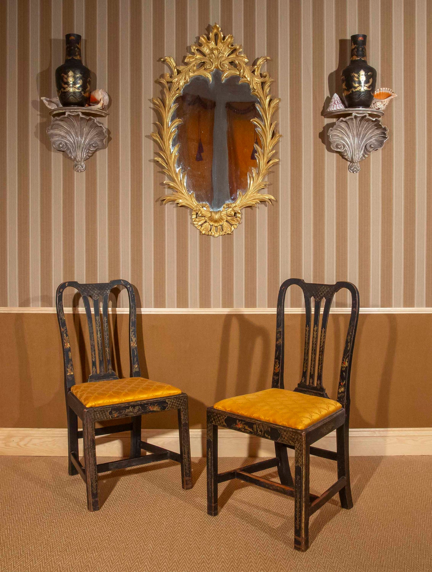 18th century black lacquer chinoiserie chairs, pair 19th century Chinese export black lacquer vases, pair regency style silvered scallop wall brackets