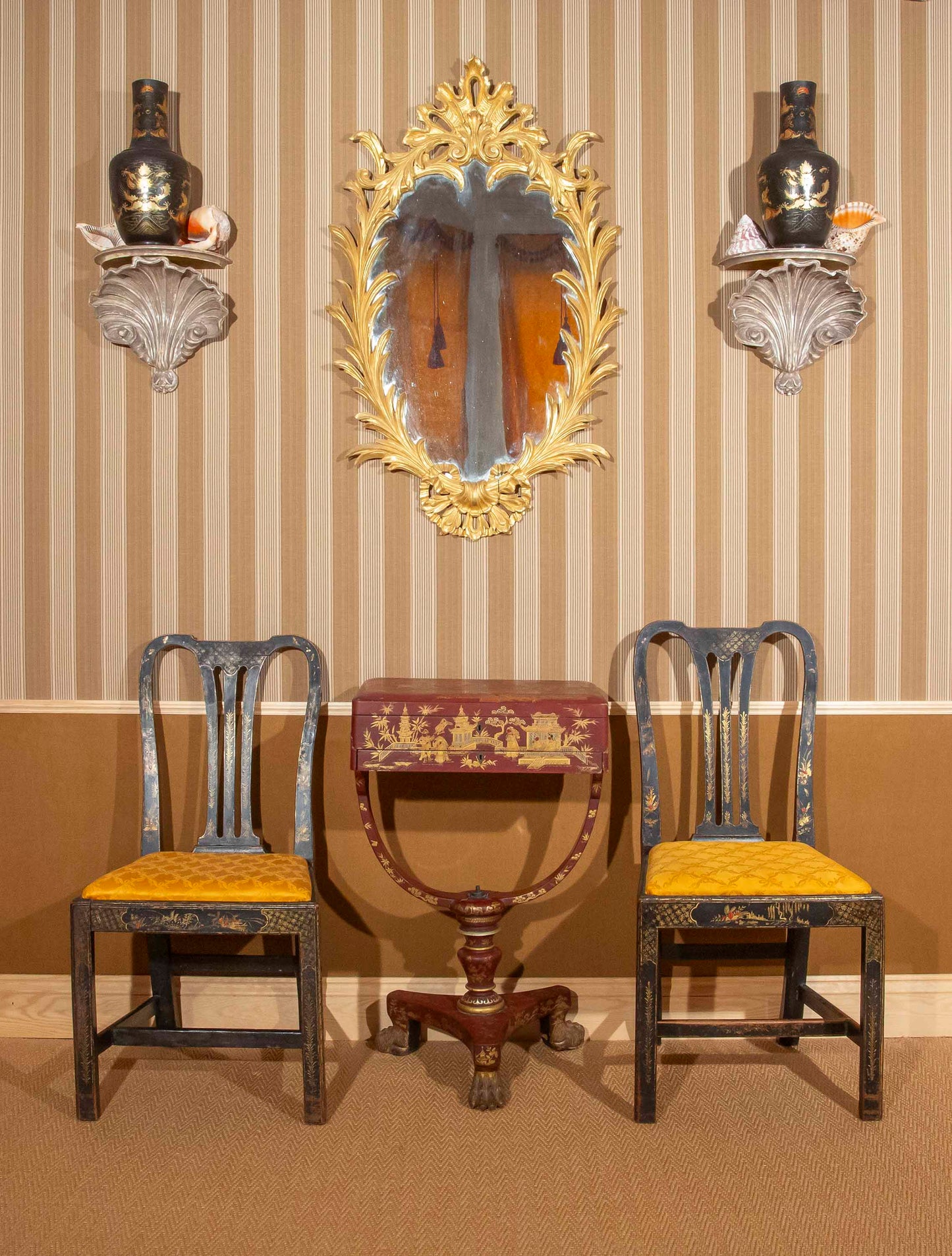 18th century black and gilt chinoiserie chairs, 19th century red lacquer chinoiserie table 