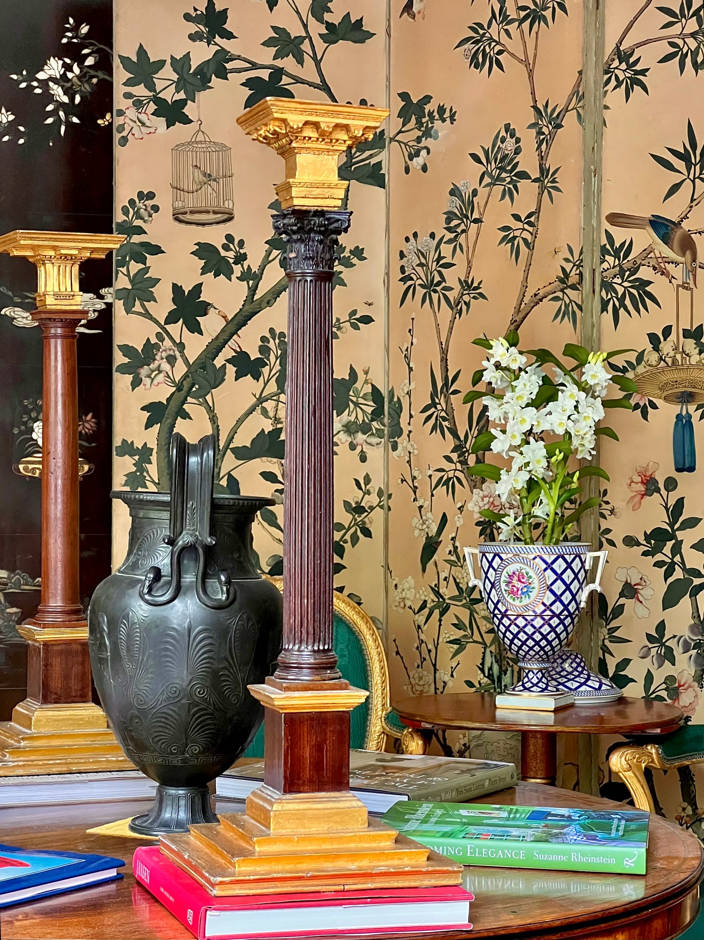 Pair of Neoclassical Hand-Painted Porcelain Vases or Urns