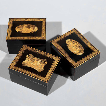 Set of Three Early 19th Century Chinoiserie Black Lacquer Boxes